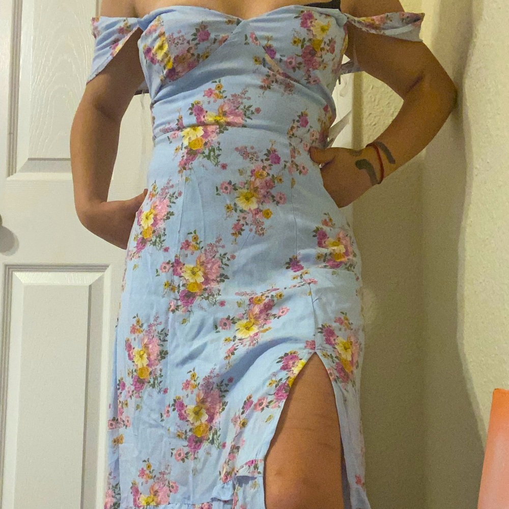 Blue off the shoulder floral dress